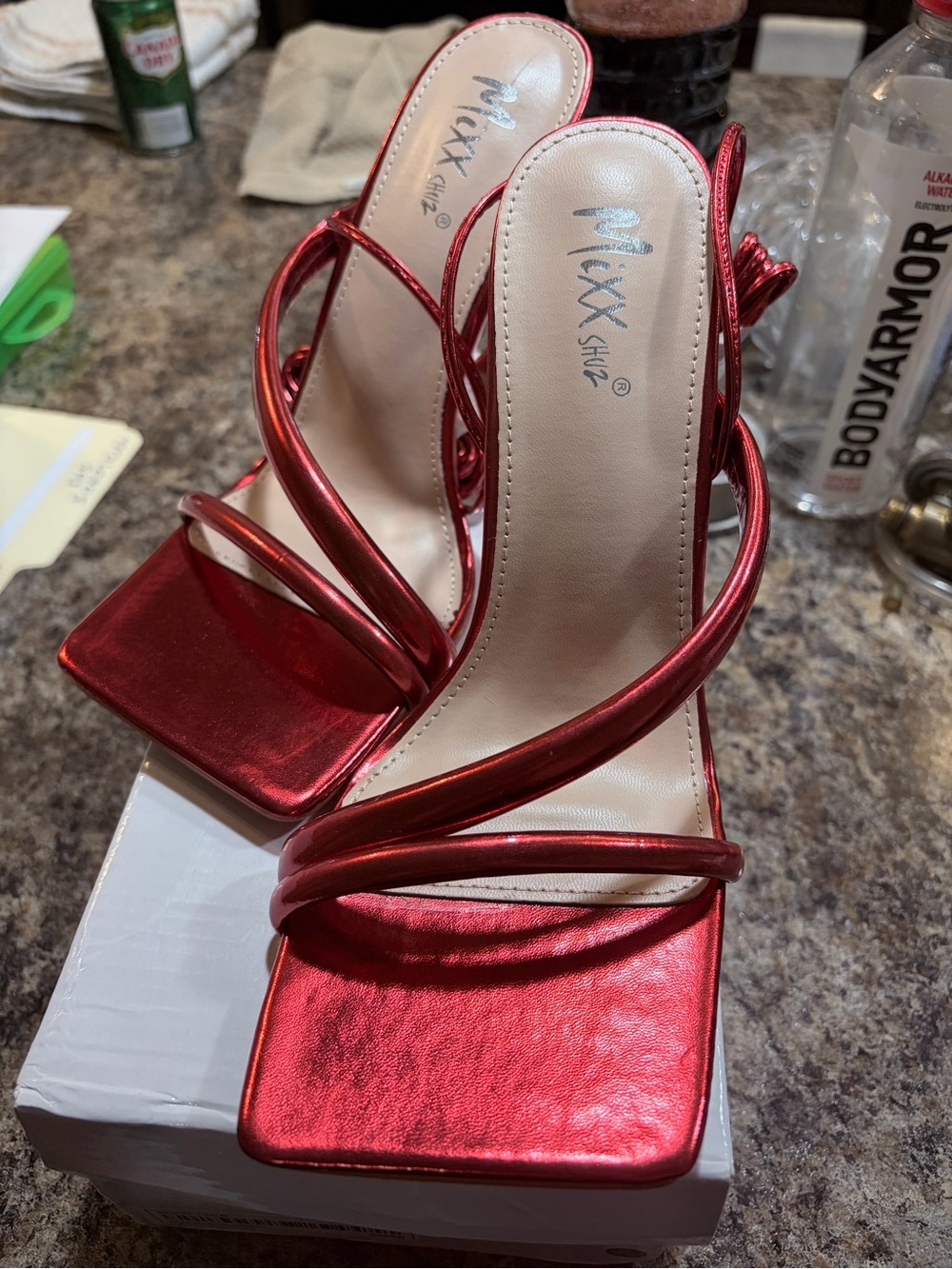 Mixx Shuz Metallic Red Strappy Square-Toe Heels